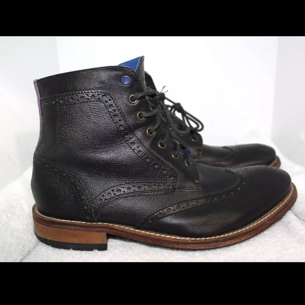 Mens Ted Baker Sealls 2 Black Leather Wingtip Brogue Boots Size 10 Narrow - Picture 2 of 9